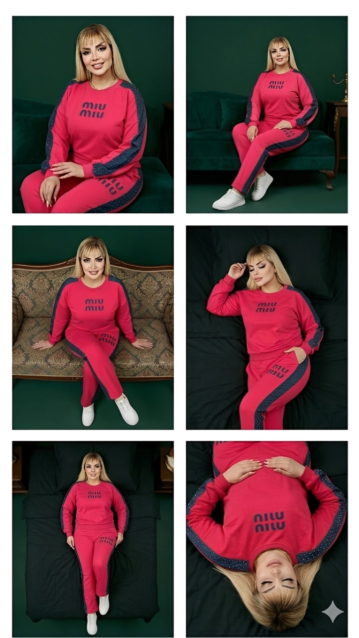 طقم نسائي سبور قطن فاخر – فوشي جنز مرشوش مع خرز (قطعتين)