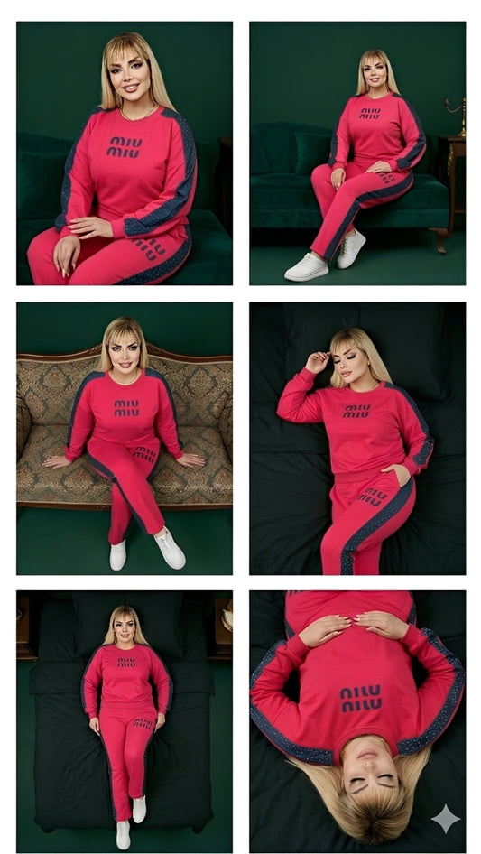 طقم نسائي سبور قطن فاخر – فوشي جنز مرشوش مع خرز (قطعتين)